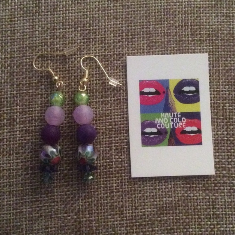 NEW Handmade Purple & Green Glass Pierced Earrings